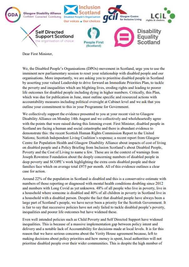 GDA__online's tweet photo. The DPO movement in Scotland wrote to the First Minister today to urge him to use the new parliamentary session to reset his relationship with disabled people.

Successive SNP policies have failed disabled people. We need commitment in the new programme for government for change https://t.co/s2Zco5b1GV