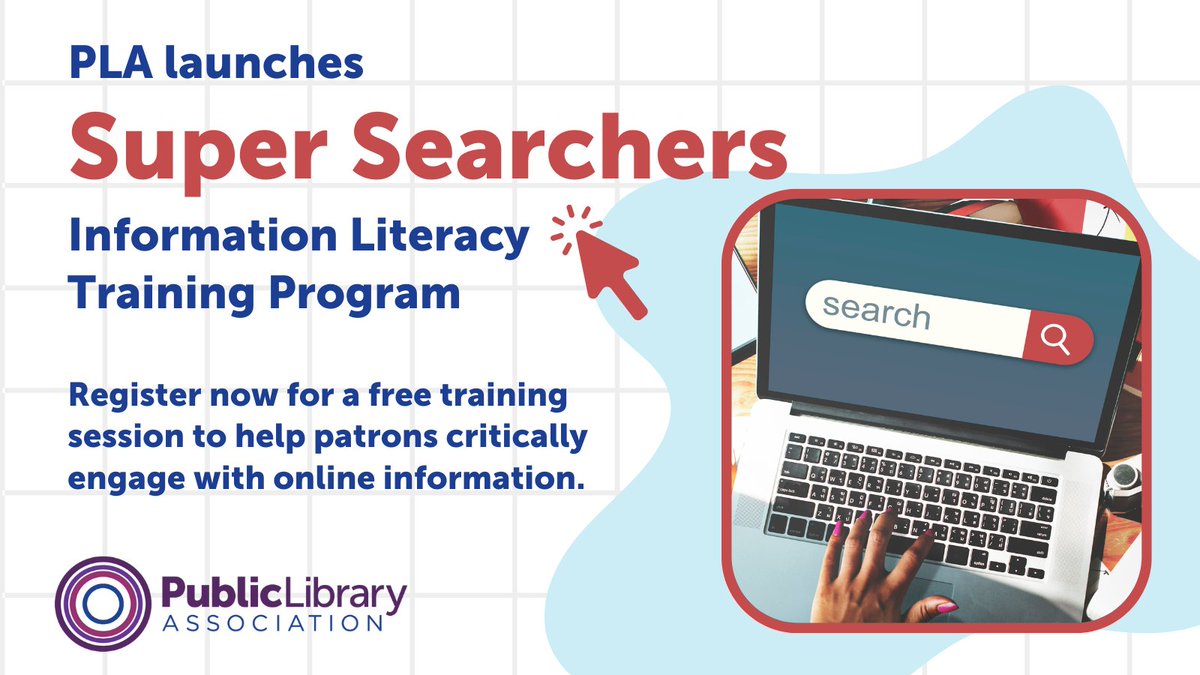 ALA_PLA's tweet photo. 🔍Are you a #SuperSearcher? PLA is launching the Super Searchers program to tackle misinformation online and help close the #DigitalDivide. Register now for a free training to learn how to help patrons critically engage with online information: https://t.co/Htrqp83L9S https://t.co/OVY0AwgQkx