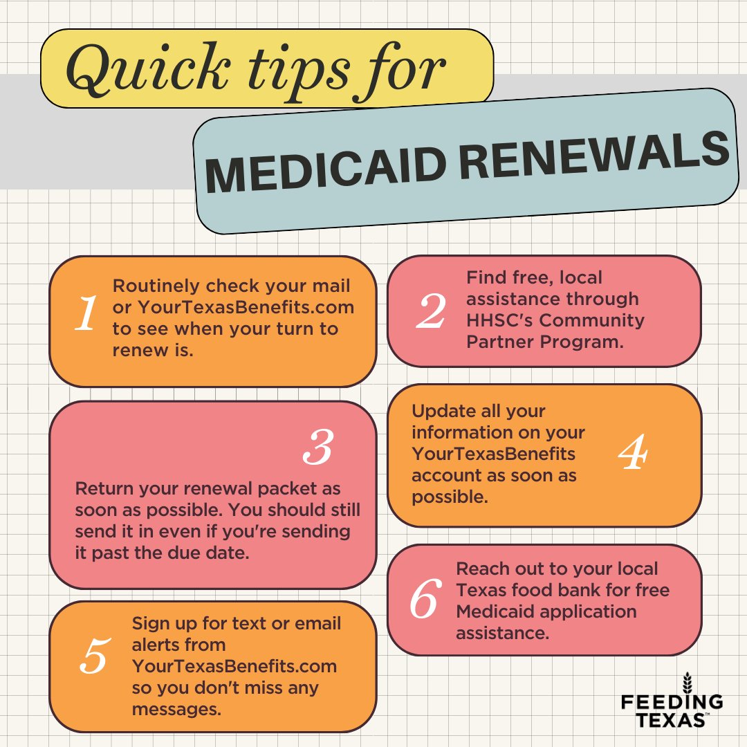 Do you need to renew your Medicaid coverage this year? Here are our six quick tips on how to navigate this process and prevent the loss of your Medicaid due to procedural reasons. #HoustonFoodBank #Medicaid #SNAP #FoodBank #FoodForBetterLives #Donate #volunteer