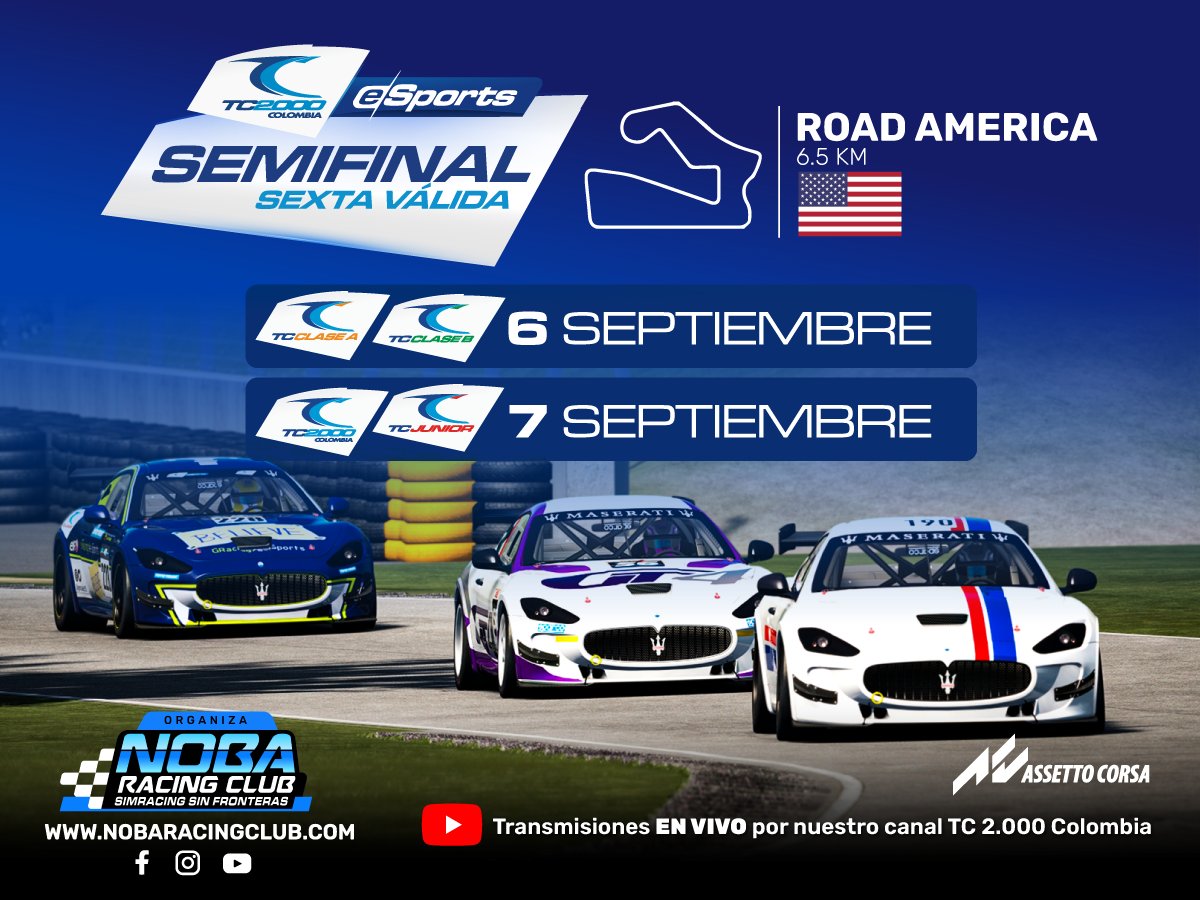 Semifinal de temporada!! los esperamos en el gran circuito de Road America, USA para disputar largos kilometros de velocidad! <a href="/tc2000colombia/">TC 2.000 Colombia</a>
.
.
#tc2000colombia #nobaracingclub #simracing #motorsports #roadamerica #assettocorsa #esports