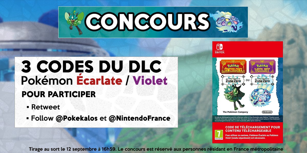 Pokekalos's tweet image. [🎁CONCOURS🎁]  
🔹Tentez de gagner 3 codes pour le DLC de #PokemonEcarlateViolet, « Le trésor enfoui de la Zone Zéro »

✅Pour participer :  
• Retweet 
• Follow @Pokekalos et @NintendoFrance

🗓️Fin le 12/09. 
🏆3 gagnants
🌎France métropolitaine uniquement