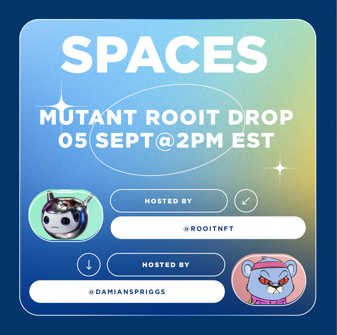 cryptocomnft's tweet image. 🚨 SPACES

Join us tomorrow at 2:00PM EST as we sit down with the team from @rooitnft and talk about their upcoming September 6th drop here on @cryptocomnft 

🎁 Drop Info - crypto.com/nft/drops-even…
👾 Spaces Link -