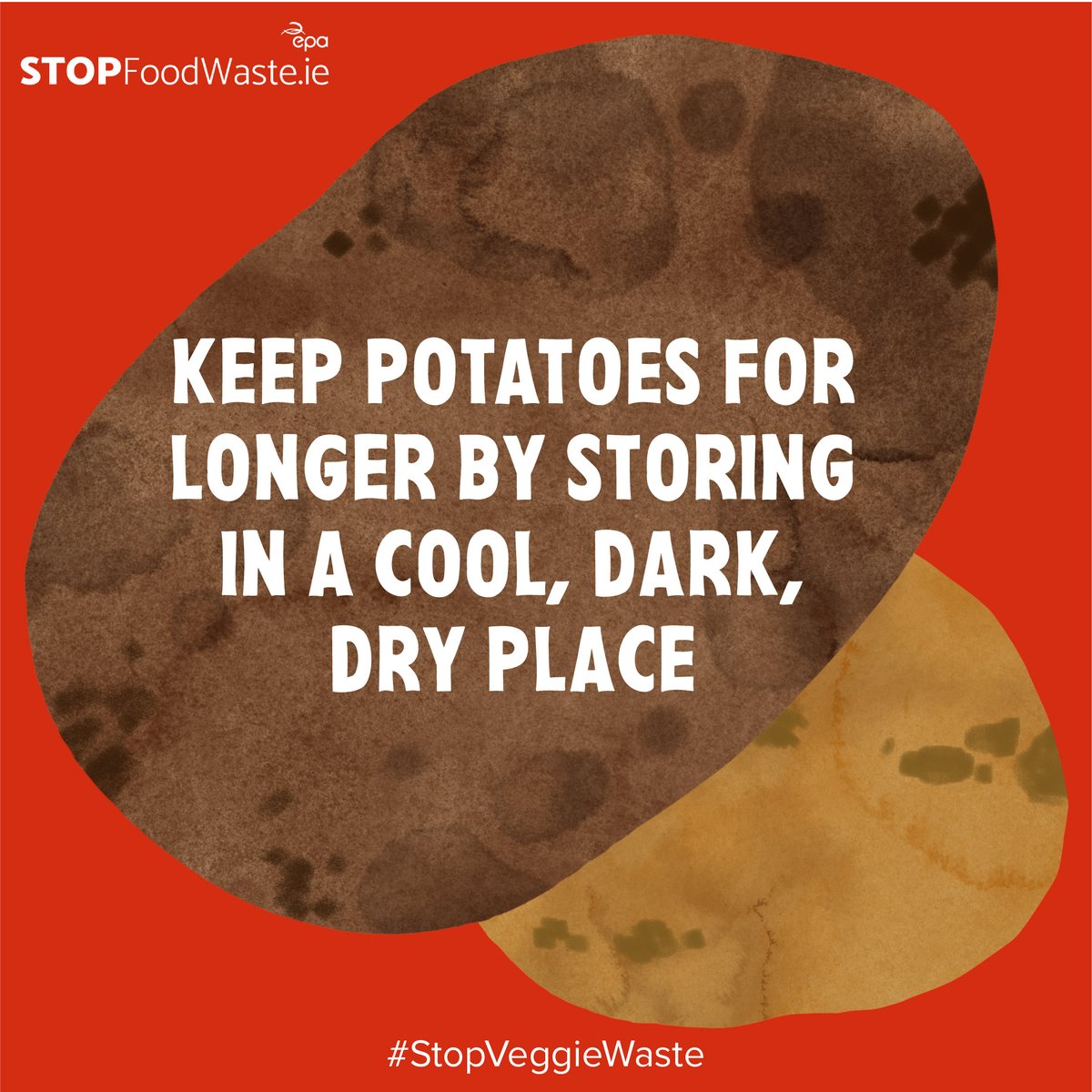 Keep potatoes for longer! Store spuds in a cool, dark and dry place. A cloth potato sack in a dark cupboard works well. #StopVeggiesWaste #StopFoodWaste