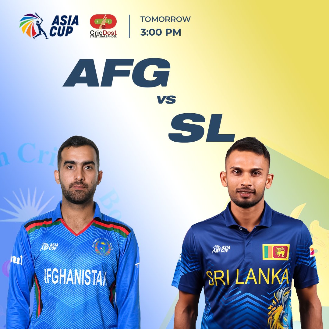 cricdost's tweet photo. 🌟 Brace yourselves for an epic showdown between Afghanistan and Sri Lanka! 🏆💥 Don't miss the action!  🙌🔥

Tomorrow at 3:00 PM - Clash of Titans! Don't miss it!

#AFGvsl #CricketFever #asiacup2023 #Afghanistan #Matchday https://t.co/2fM3EgTkC5