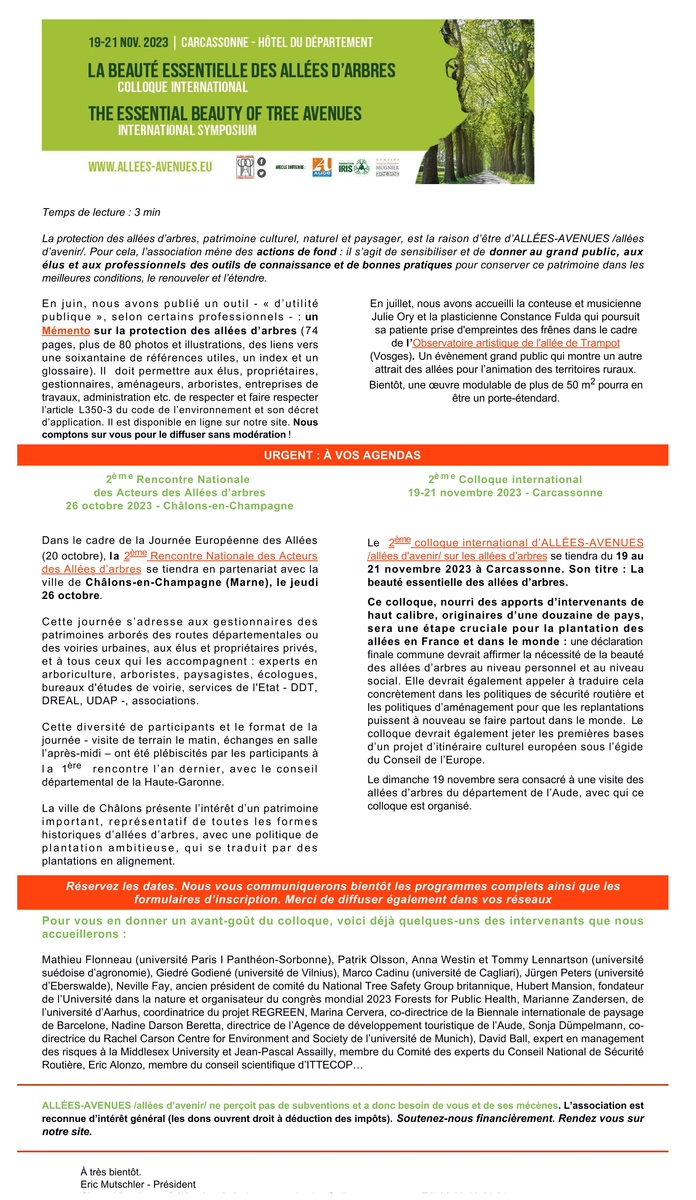 AlleesAvenues's tweet photo. La lettre d'information d'ALLÉES-AVENUES /allées d'avenir/ est envoyée.
#SaveTheDate 
19-21 Novembre Colloque international "La beauté essentielle des allées d'#arbres" à Carcassonne
26 Octobre Rencontres nationales des acteurs à Châlons-en-Champagne https://t.co/1ZXCtofeTj