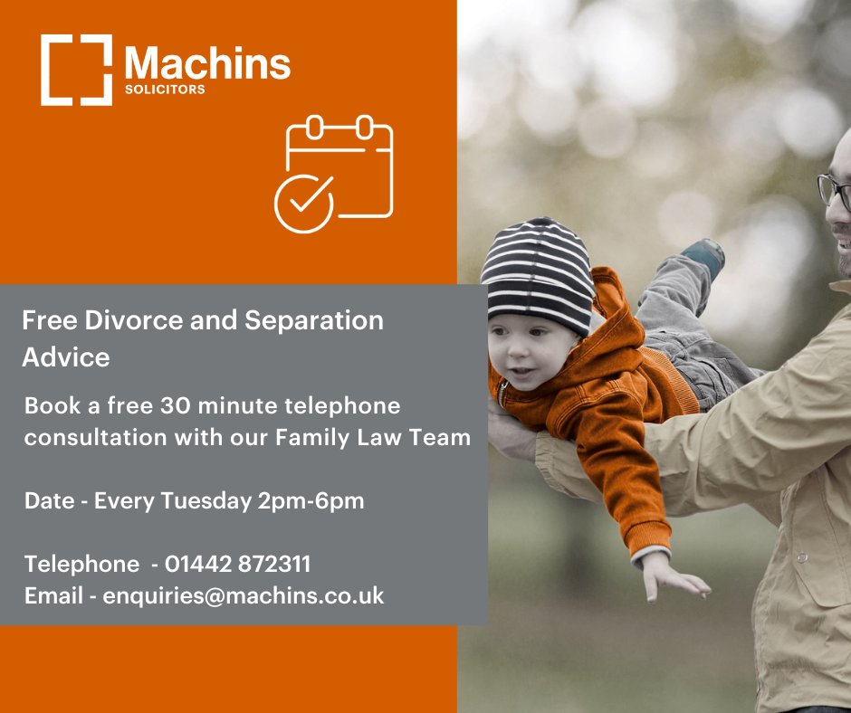 Don't forget we have 30-minute free consultations for #familylaw #divorce #separation every Tuesday from 2pm-6pm <a href="/TPalmerlaw/">Thomas Palmer</a> 
☎️ 01442 872311
💻 enquiries@machins.co.uk
