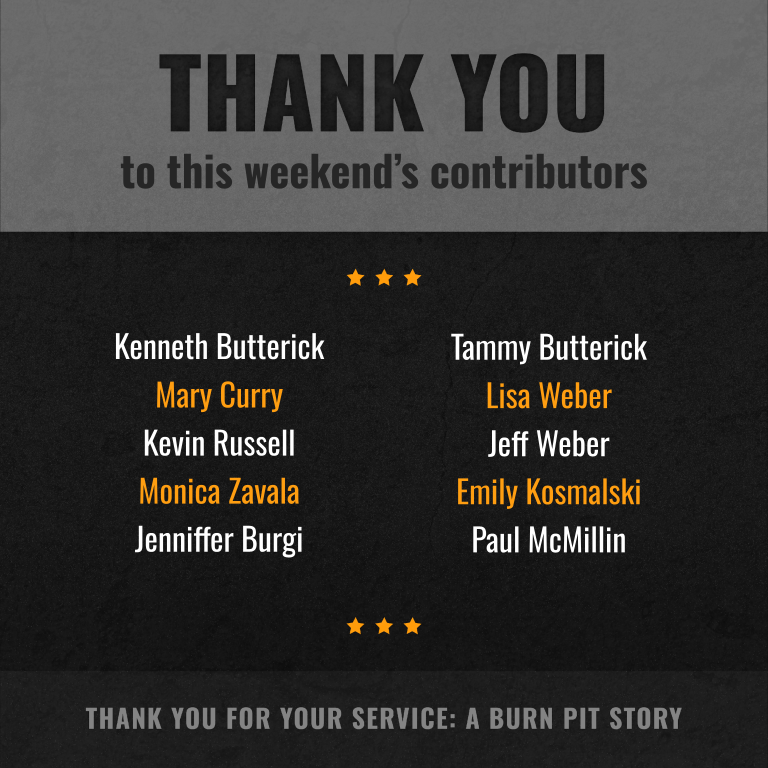 BurnPitsMovie's tweet photo. 🎉 Our heartfelt thanks to this weekend's contributors! 🙌

Join us: https://t.co/Yyb9XQKAMx.

#BurnPitsMovie

#Veterans
#BurnPits
#PACTAct
#Military

@jonstewart @TheJohnFeal9117 @Burnpit360 @ProducedbyJMG https://t.co/92UNc5wWwm