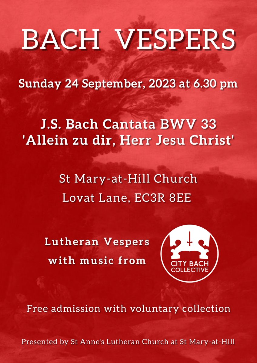 Bach Vespers this month features the cantata BWV 33 ‘Allein zu dir, Herr Jesu Christ’

Sunday 24 September at 6:30pm
St Mary-at-Hill Church <a href="/maryathill/">St Mary-at-Hill Church</a>
Lovat Lane, EC3R 8EE