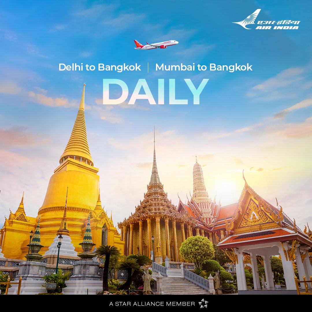 airindia's tweet photo. Add more delight to your Bangkok trips with our daily flights from Mumbai & Delhi. Walk around the rich architectural sights, indulge in streets full of treats, join us and experience the vibrant hues of Bangkok.
Raise π if your next destination is Bangkok!
#FlyAI #FlyNonStop https://t.co/M1OGToo83m