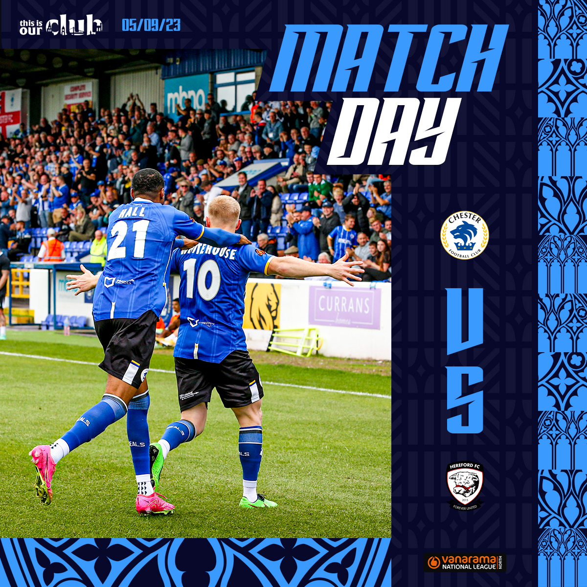 ChesterFC's tweet photo. 𝗡𝗟𝗡 𝗠𝗗𝟴. 𝗟𝗲𝘁'𝘀 𝗴𝗼! 🙌

🆚 @HerefordFC (h)
⌚️ 7.45pm kick off
📻 Listen on @SealsLive 
🎫 https://t.co/sLE6O6WKbf

#OurClub | #CFCHER