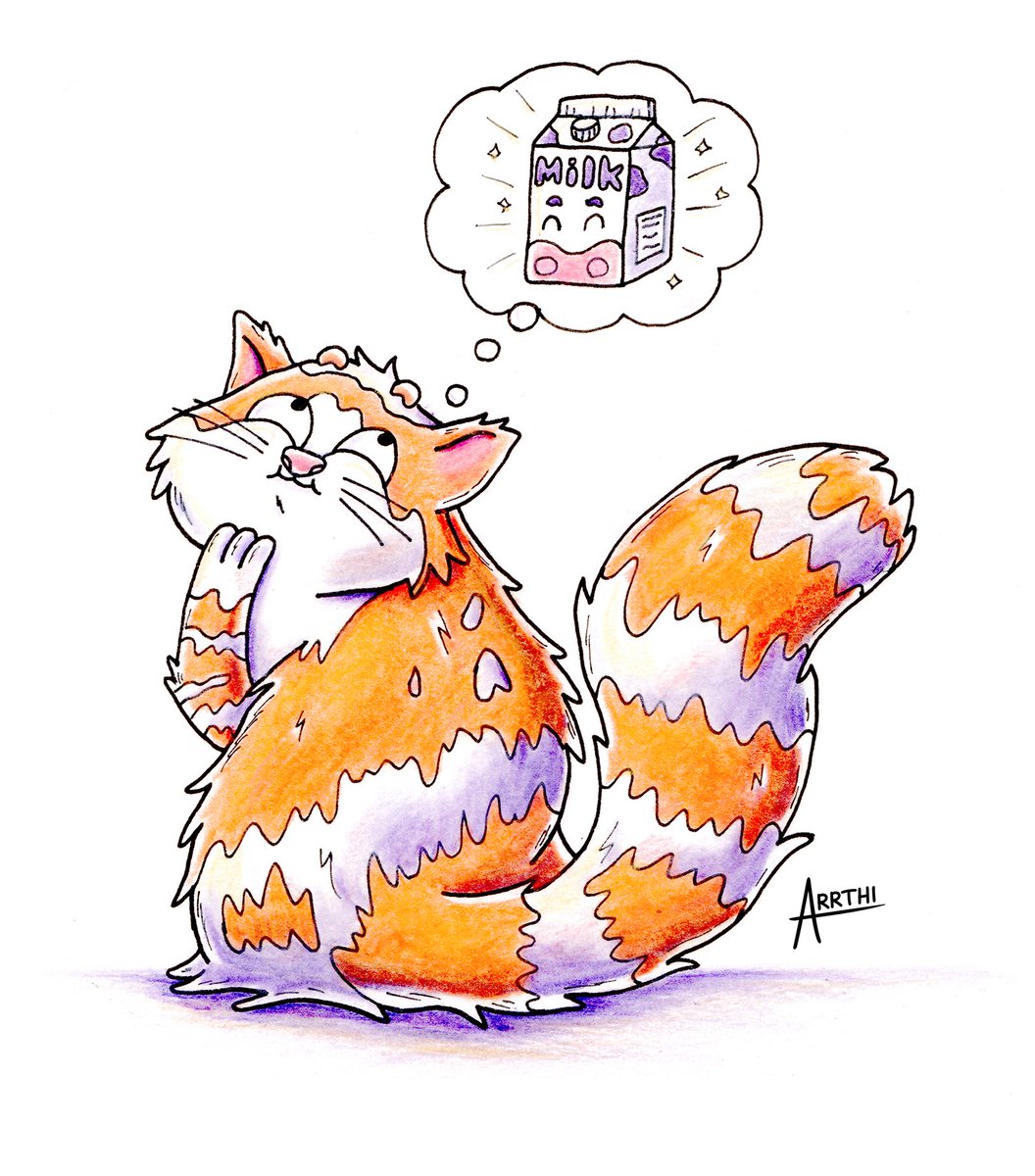 My updated <a href="/AnimalAlphabets/">Animal Alphabets</a> drawing for cat 🐱This furry fluffball is having a creamy dream, yum yum! 🥛✨Hope y'all find this amusing #AnimalAlphabets #kidlit #characterdesign #kleinekunstklasse #cartoon #drawing #arrthi