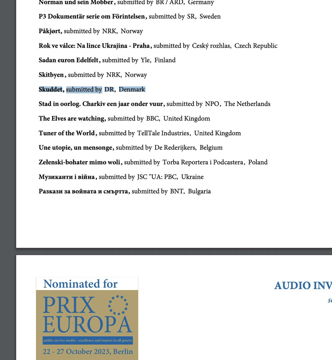 'Et drab i familien' skal et smut til Prix Europa i år. Udover at det selvfølgelig er flot at komme med, så er det også en skide spændende uge. #prixeuropa #dkpodcast