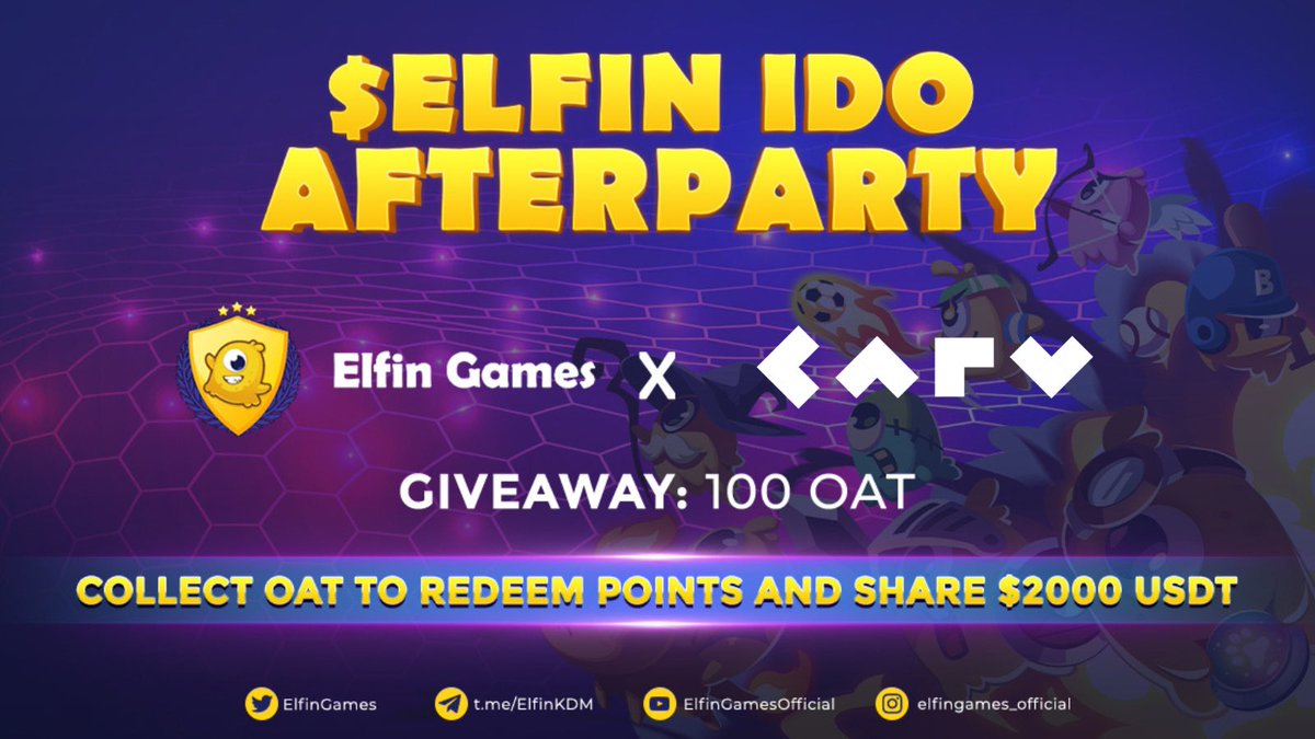 CARV collab post
🎉 <a href="/ElfinGames/">Elfin Metaverse</a> x <a href="/carv_official/">CARV</a> Collab! 

#Giveaway 100 $ELFIN IDO Afterparty OATs 

✨1 OAT = 10 POINTS✨
Collect points to share a prize pool of 2000 #USDT 

✅ Join now: bit.ly/3qVfSuj

👉Redeem POINTS in $ELFIN IDO Afterparty: shorturl.at/eit13