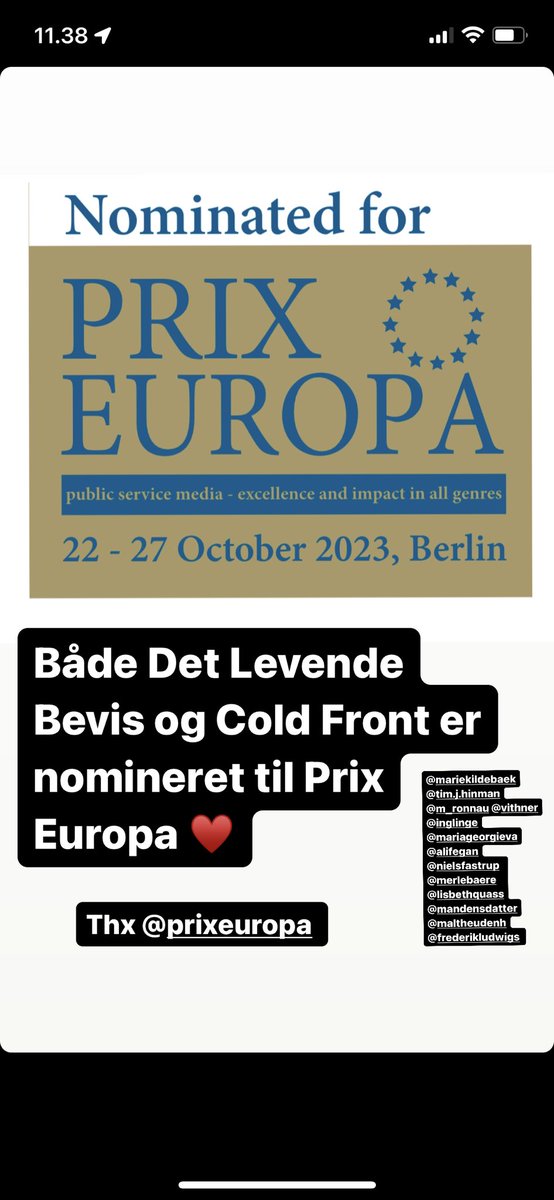 Frederik Hugo Ledegaard (@hugo_l_p) on Twitter photo Både Det Levende Bevis og Cold Front er nomineret til Prix Europa!
Tusind tak <a href="/PRIXEUROPA/">PRIX EUROPA</a>
<a href="/MerleBaere/">Merle Baeré</a> <a href="/SigneMansdotter/">Signe Mansdotter</a> <a href="/Kildebaek/">Marie Kildebæk</a> <a href="/nielsfas/">Niels Fastrup 🇩🇰🇪🇺</a> <a href="/LisbethQuass/">Lisbeth Quass</a> <a href="/mariageorgieva/">Maria Georgieva</a> <a href="/havardgulldahl/">Håvard Gulldahl</a> @DRkoncern Både Det Levende Bevis og Cold Front er nomineret til Prix Europa!
Tusind tak <a href="/PRIXEUROPA/">PRIX EUROPA</a>
<a href="/MerleBaere/">Merle Baeré</a> <a href="/SigneMansdotter/">Signe Mansdotter</a> <a href="/Kildebaek/">Marie Kildebæk</a> <a href="/nielsfas/">Niels Fastrup 🇩🇰🇪🇺</a> <a href="/LisbethQuass/">Lisbeth Quass</a> <a href="/mariageorgieva/">Maria Georgieva</a> <a href="/havardgulldahl/">Håvard Gulldahl</a> @DRkoncern