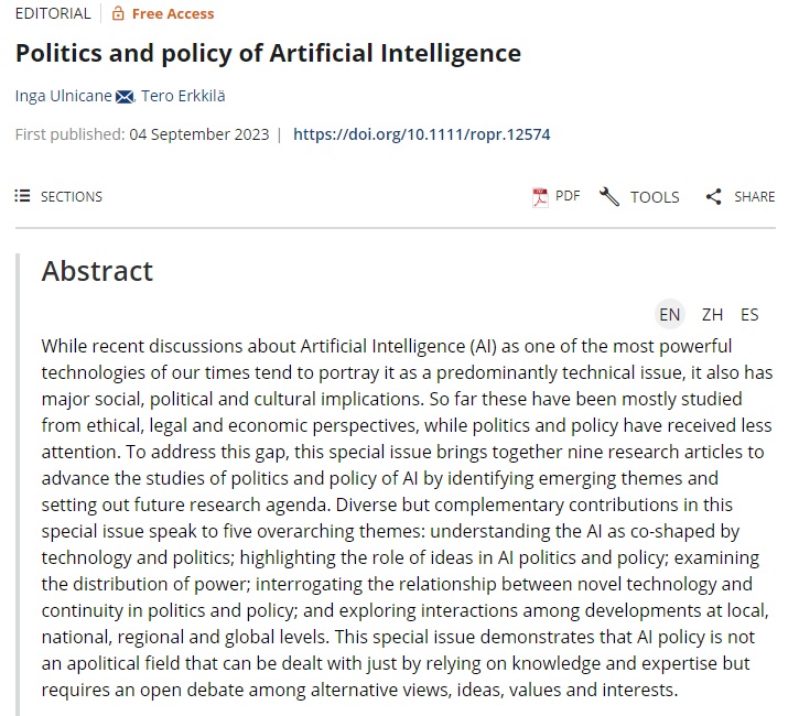 IngaUlnicane's tweet photo. 🎉Politics and policy of Artificial Intelligence, editorial for our special issue in @RPR_Journal is published in free access together with 9 great special issue articles https://t.co/CipkeGtBkc #AI #ArtificialIntelligence #AIpolicy #AIethics #AIgovernance https://t.co/cbem5SBLPr