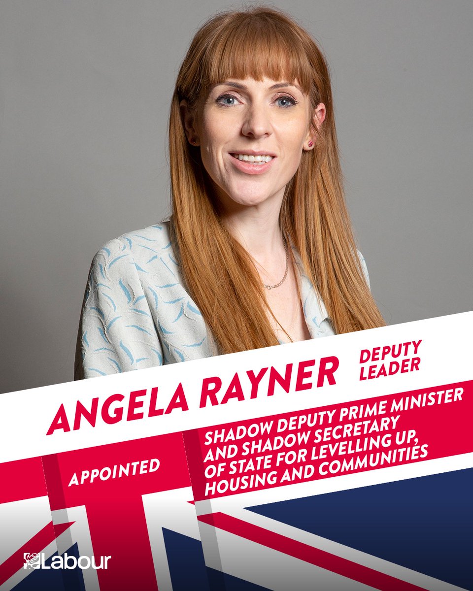 UKLabour's tweet photo. Deputy Leader Angela Rayner MP @AngelaRayner has been appointed Shadow Deputy Prime Minister and Shadow Secretary of State for Levelling Up, Housing and Communities. https://t.co/BdfSPdO9Je