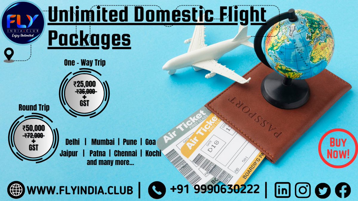 Ready to Soar the Skies? FlyIndia.Club Unlimited Flight Packages Take You to New Heights!
For more information visit our website or contact us at +91 9990630222 #unlimitedflightpackages #cheapflights #FlightServices #flyindiaclub #FlyIndia #fly #flights #offer #india