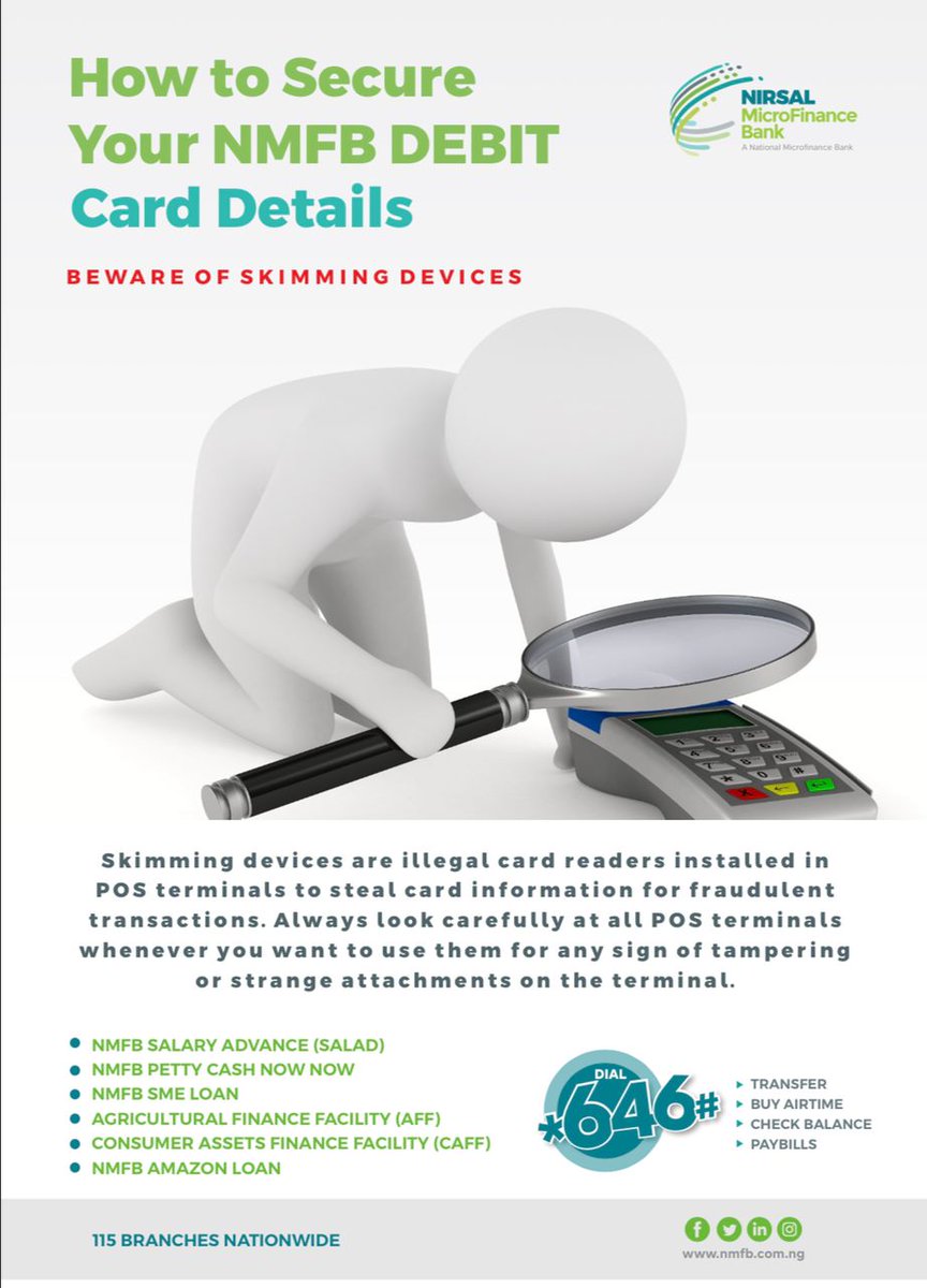 NirsalMFB's tweet photo. Protect Your NMFB Debit Card 💳: Stay One Step Ahead of Skimming Devices! 🚫🔐. For further assistance visit the nearest branch close to you 👉https://t.co/hKCGRhrKDS #SecureYourCard #motivationalmonday #nmfbcares #easilyaccessible https://t.co/tJnQ14KyPY