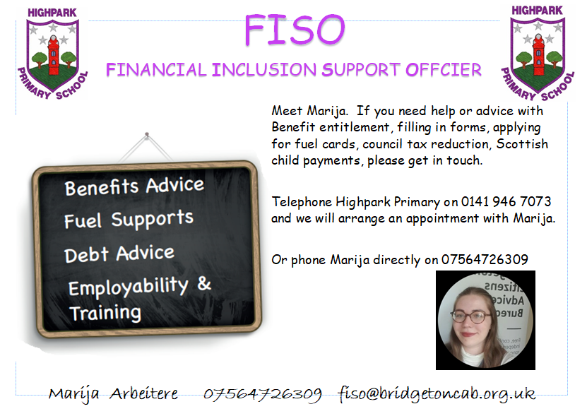 Meet Marija our Family Inclusion Support Officer.  If you need help with benefit entitlement, filling in forms, fuel cards etc please contact the school office on 0141 946 7073 to arrange an appointment with Marija <a href="/FISO_Bridgeton/">FISO_BridgetonCAB</a> <a href="/jen_mackenzie05/">Mrs MacKenzie</a>