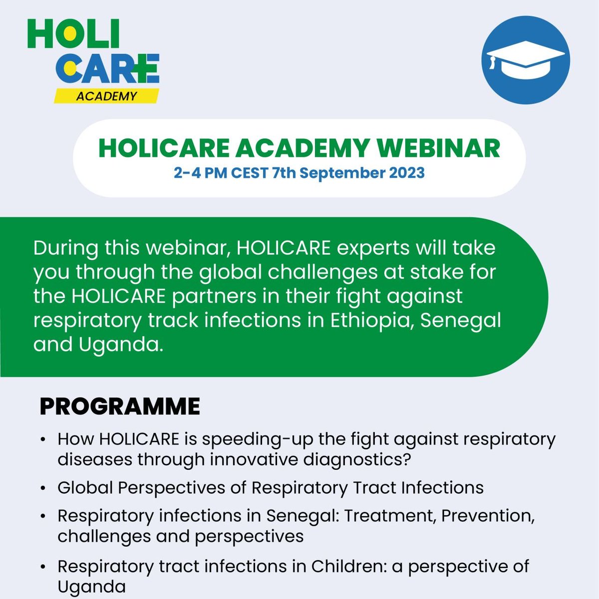 Eager to learn about respiratory tract infections from a global perspective? Of course you are! Join the #holicareacademy webinar on 7 September at 2 PM CEST. Sign up for it here: survey.su.se/webinarholicar…