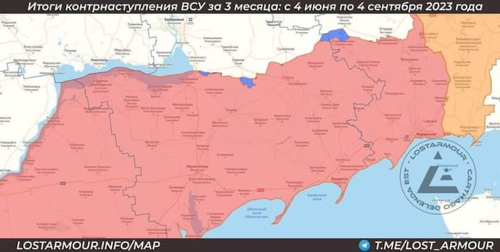 Tanto per farsi un’idea
dei risultati della controffensiva Ucraina. Dopo mesi di attacchi sanguinosi il territorio riconquistato è quello
in blu.

Comunque i media italiani sono diventati oggetto di scherno in tutto il mondo. Grazie
a loro siamo diventati ridicoli come popolo.

-