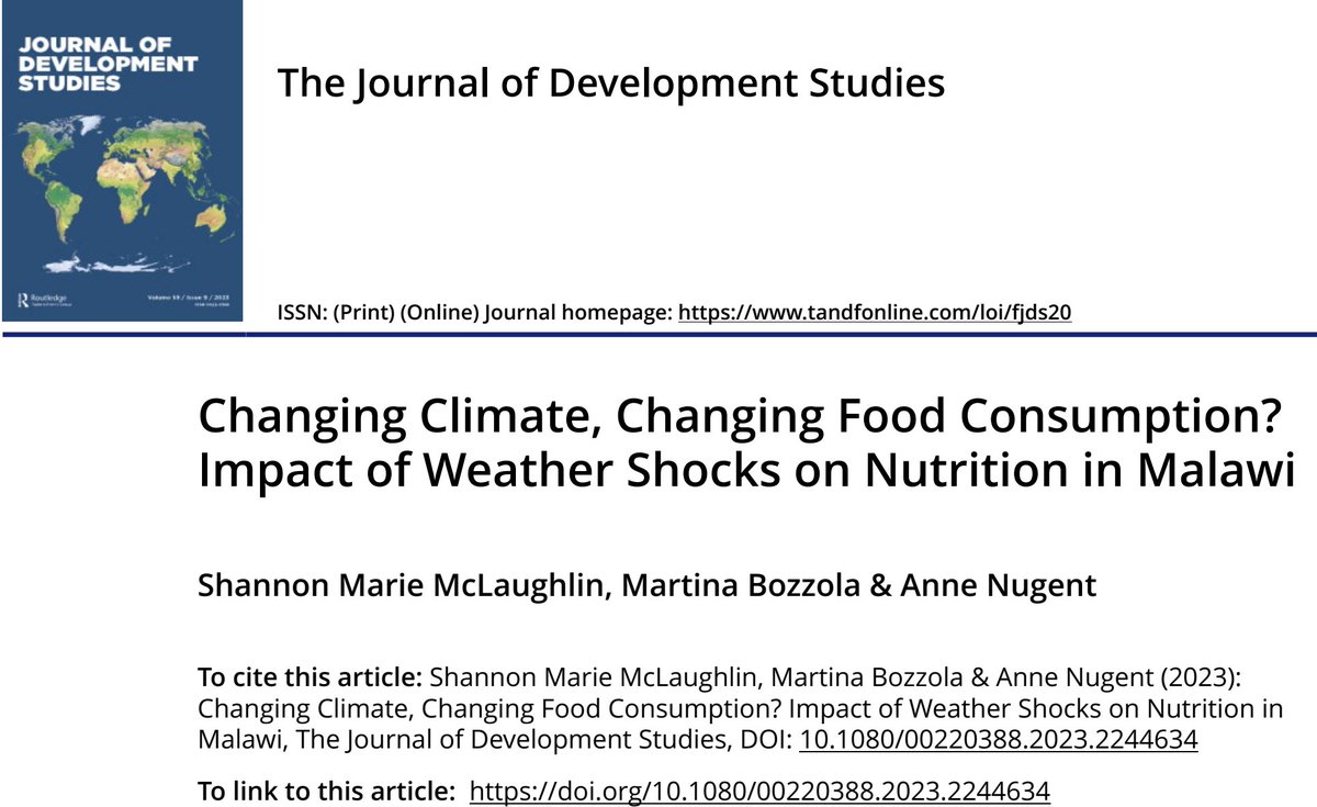 🆕📖 on the Impact of #WeatherShocks on households #nutrition in #Malawi! We capture the impact of changing #climate on consumption of macro-& micronutrients. #interdisciplary research led by @SMcLaughlinQUB  #ProudPhDSupervisor
#openaccess @JDevStudies tandfonline.com/doi/full/10.10…