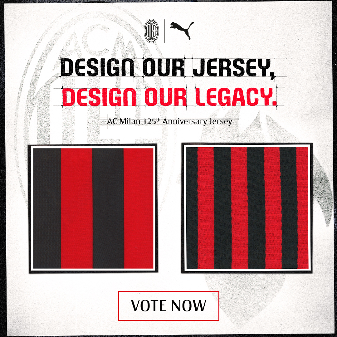 acmilan's tweet photo. Create our new 125-year anniversary kit with us  🔴⚫

Choose the design that will define this special moment: which Rossonero pattern gets your vote? 🗳

#SempreMilan