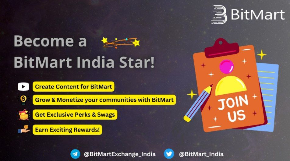 BitMart_SA's tweet photo. 📢 Are you a Trader, Social media star or do you have a trading community?

💫 Join the BitMart India Stars program! 
😎 Monetize and grow your community and get loads of exciting rewards!

Apply now - https://t.co/urgw7J81qX
Learn More - https://t.co/AeASRxLsxf

#BitMartStars https://t.co/DxuhOSkq6E