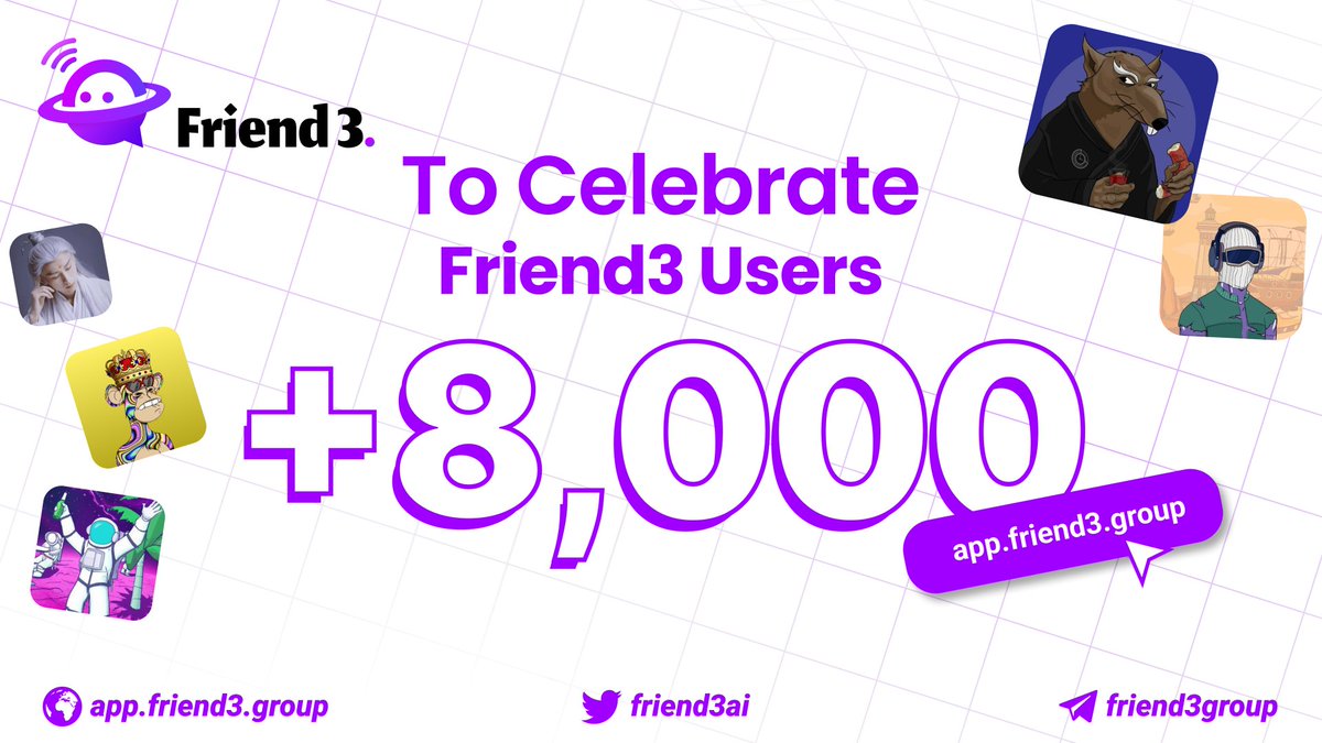 Friend3AI's tweet photo. 🚀Breaking 8,000+ users❤

🔥 #Friend3 is on fire!

👉 Buckle up; major news dropping in 6 hours!

📊 Check live on-chain activity and stats here: https://t.co/E2oqiofxz9

🚀 See you at the next milestone! 

#BreakingNews #Countdown
