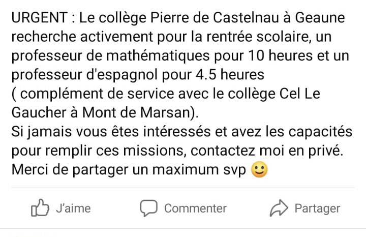 SnesFSUBordeaux's tweet photo. Dans les  #Landes, #LaRentréeEnVrai c’est que ce sont parfois les chefs d’établissement qui recherchent sur FACEBOOK désespérément des enseignants 
(Mathématiques et Espagnol) #Geaune 
#rentree2023 #rentreescolaire https://t.co/0Ab8hFdNDK