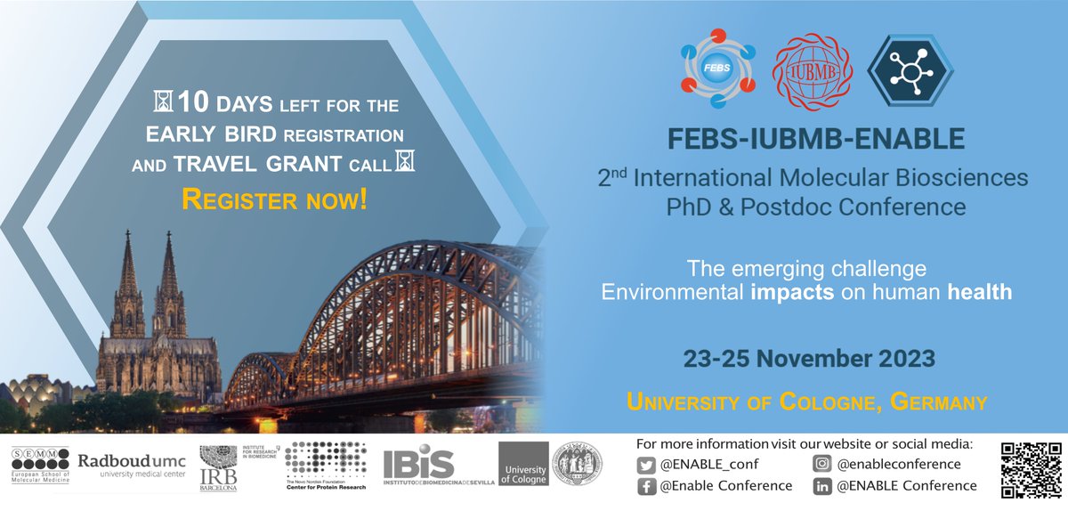 ENABLE_conf's tweet photo. ⌛️only 10 days left for the early bird registration and travel grant call!
Register now to join the molecular life sciences scientific symposium and the career day!
We prepared workshops, alternative career chats and an opportunity fair!
#scienceconference #phd #postdoc https://t.co/PUIRcyewrB