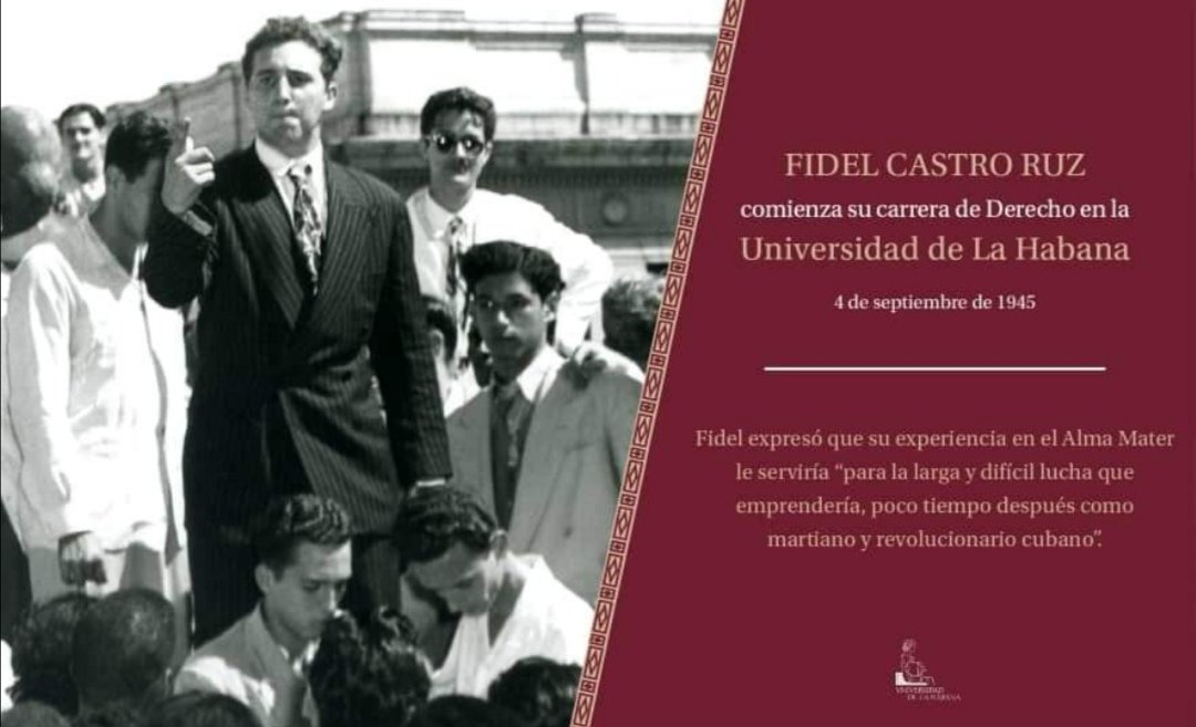 El 4DeSeptiembre/1945 El líder historico de LaRevolución🇨🇺 FidelPorSiempre ascendió la escalinata de la UniversidadDeLaHabana,para comenzar estudios en la carrera de Derecho,donde cada peldaño conquistado lo aproximaba más a su indiscutible formación: #LaDeRevolucionarioYMartiano