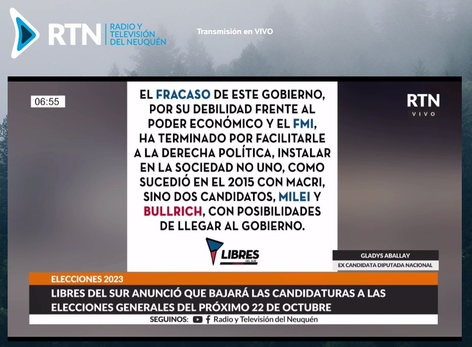 horaciorusso's tweet photo. #ENVIVO @rtn_neuquen #PrimeraDosis Entrevista a @GladysAballay, dirigente de Libres del Sur, refiriéndose a la declinación de su candidatura de cara al próximo 22 de octubre. @Fede_car2001 @tubagustavo https://t.co/8EExhD1SsO