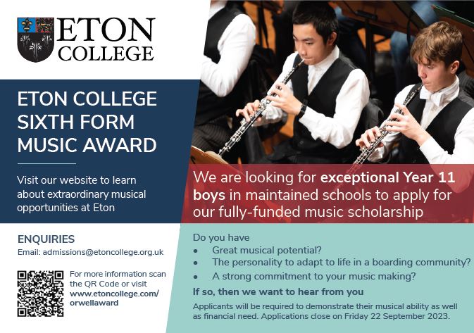 Eton_Music's tweet photo. We are delighted to be offering this Sixth Form Music Award opportunity to Year 11 boys in state school education.  Deadline for applications is Friday 22nd September.  See below for details https://t.co/DWxwIvcWQr