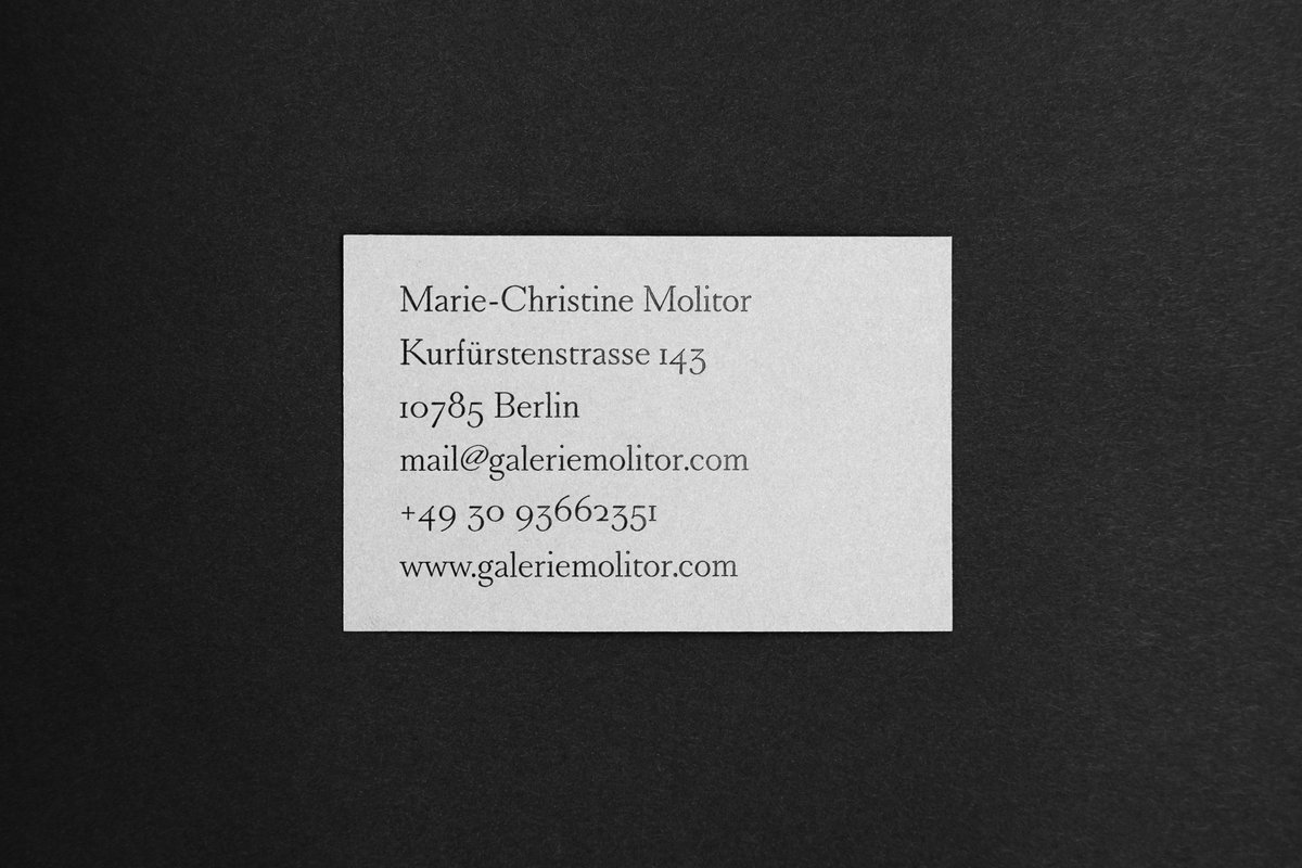 Business stationary for Galerie Molitor designed by Atelier Dyakova.

Business cards: 400gsm Gmund Colors Matt 21 + Black gloss foil
Envelope: 120gsm Gmund Colors Matt 21 + Black gloss foil
DL Card: 350gsm Gmund Colors Matt 99 + Black gloss foil

Print: <a href="/dot_studio_/">Dot Studio</a>