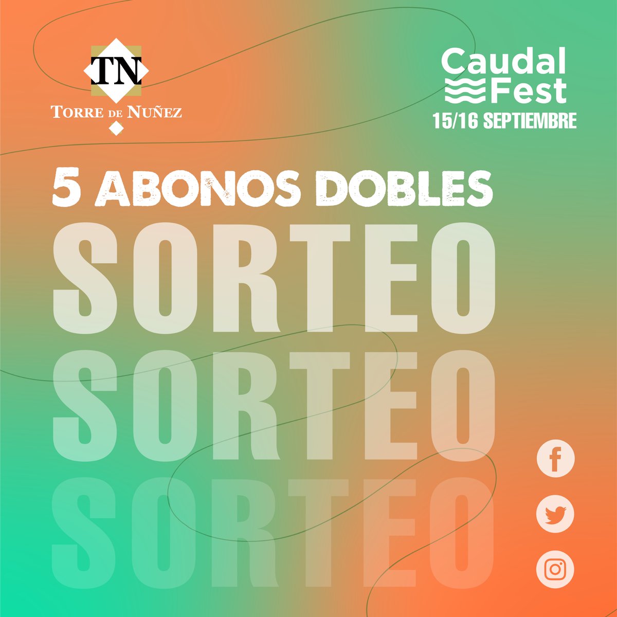 SORTEAMOS 5 ABONOS DOBLES para el <a href="/CaudalFest/">Caudal Fest</a>  🎶

Para participar: 

✌🏻 Síguenos
✌🏻 Haz RT

📢 Anunciaremos los ganadores el próximo miércoles 13 de septiembre.
📢 Puedes participar también en Instagram y Facebook.

¡Suerte! 🍀

#sorteo #festivales #caudalfest #torredenuñez