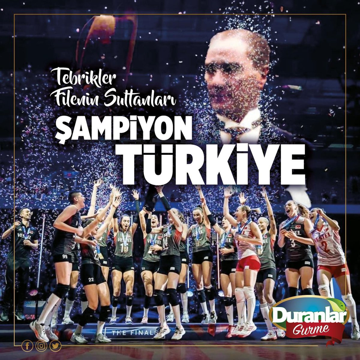 duranlarsut's tweet photo. A Milli Kadın Voleybol Takımımız, 2023 CEV Avrupa Şampiyonu Oldu. Filenin Sultanlarını Tebrik Ediyoruz! 🇹🇷
#FileninSultanları #TürkiyeŞampiyon #DuranlarSüt #DuranlarGurme #GurmeŞarküteri #D2Gıda #Antalya https://t.co/0KbfyLDBID