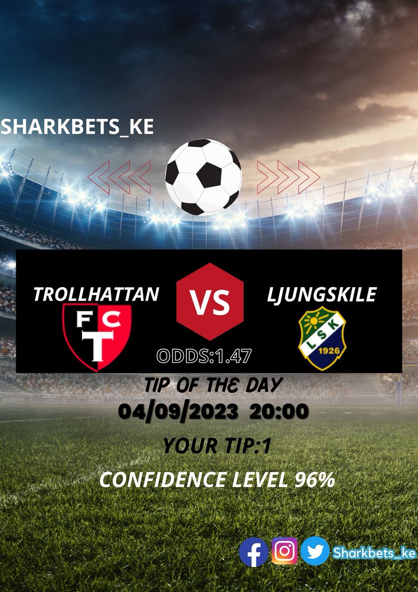 Sharkbets_Tips's tweet photo. Sharkbets_Tips Tip of the Day
⚽Trollhattan - Ljungskile
⏲ Kick Off 2000hrs E.A.T
📊 Confidence level 96%
🏆Trollhattan to win
#trollhattan #ljungskile  #sharkbets #bettingtips #BYOB Mutuzo  Nyeri #Aoko President William Ruto Blaqbonez  #AfricaClimateSummit23 Blaqbonez https://t.co/7f7kLCyyBi