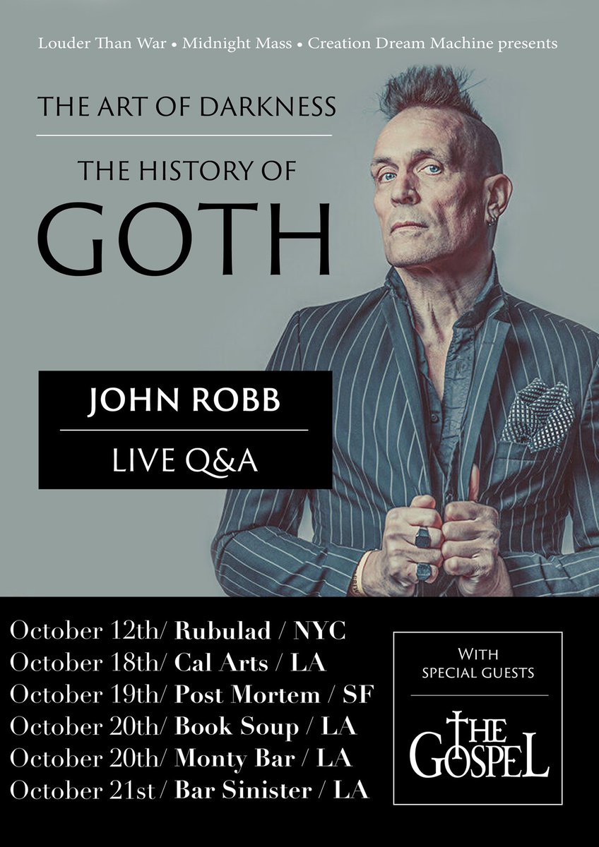 We’re off to America 🇺🇸 
We are beyond excited to tour with the legendary @johnrobb77 to promote his new best selling book The Art Of Darkness (history of GOTH)
Brought to you by @louderthanwar  

#johnrobb #manchestermusic #themembranes #creationrecords #gothmusic #gothculture