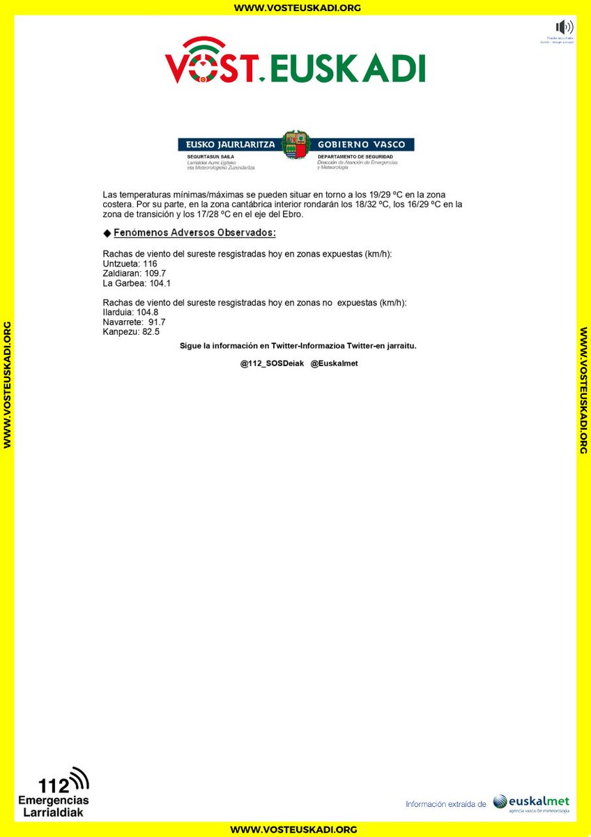 VOSTeuskadi's tweet image. 🟡 Avisos meteorológicos para esta semana.

🟡☀️☔ #Día4 por temperaturas altas y precipitaciones intensas.
                💧⏰ Precipitaciones: De 15 h a 00 h.
🟡☀️ #Día5 por temperaturas altas. 
🟡☀️ #Día6 por temperaturas altas.

#Abisuhoria #Euria #Beroa