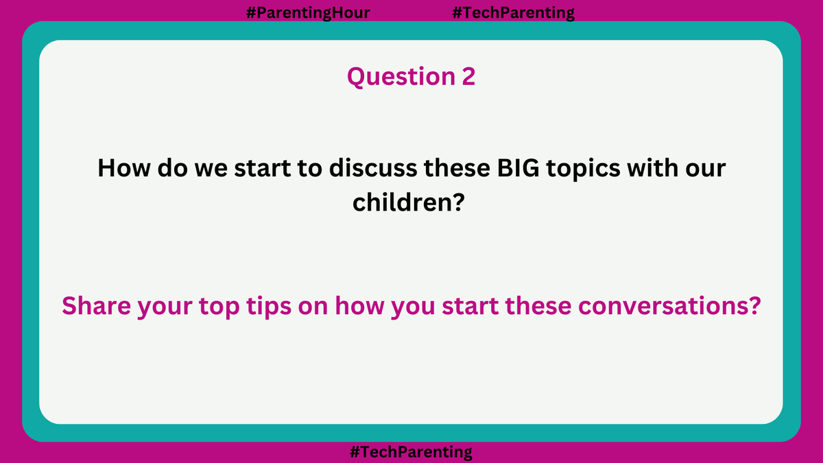 SueAtkins's tweet photo. Question 2 is now2 live! Please reply Q2 and your reply and remember to include the hashtag #ParentingHour
#parentpower #education #earlyed #eyfsteacher #academies #headteachers #MATS #eduleaders #middleschool #highschool #teachers #primaryteachers #ukedchat #TechParenting https://t.co/bKvkQWzo79