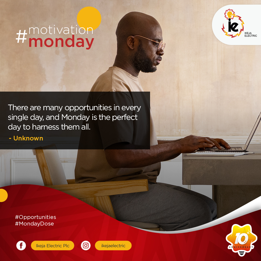 IkejaElectric's tweet photo. Monday is the perfect day to harness all the opportunities in every single day.

Stay jiggy!

#MondayDose
#IkejaElectric https://t.co/CqQUgnWOJm