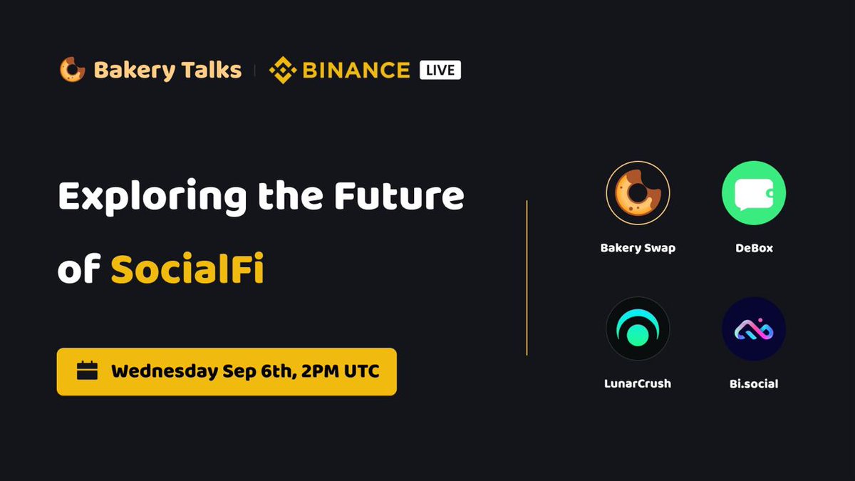 bakery_swap's tweet photo. 👉 Join our #BakeryTalks with @LunarCrush, @DeBox_Social and @Bitislands_

💡 Discover the latest #SocialFi trends, opportunities and challenges!

📅 Wed Sep 6th 2pm UTC https://t.co/DPZp0elFSH