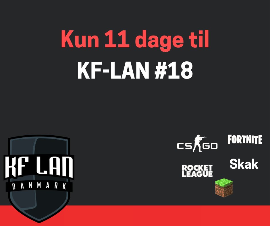 Så går det løs om 11 dage! 
Ses vi til store turneringer, døgnåben pølsevogn, softice og pølsemix?
Køb din billet på kf-lan.net