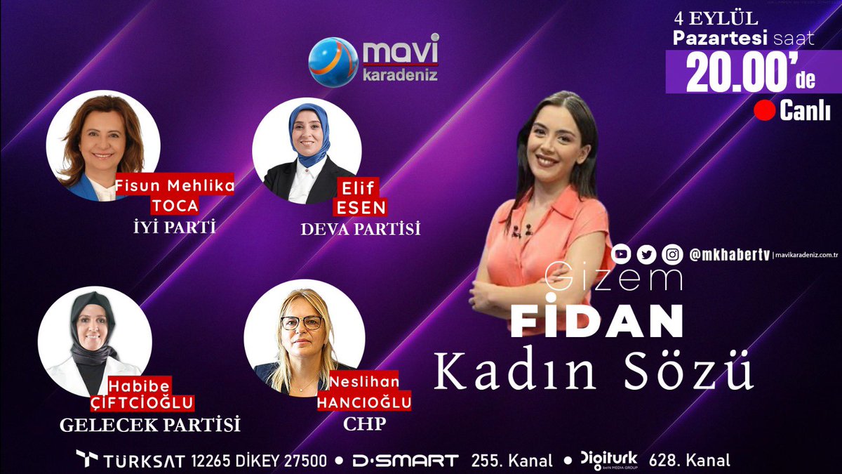 Gizem Fidan ile Kadın Sözü’ne bu akşam 20.00’de @mkhabertv’de… @NESLiHANCIOGLU @Hbb_Ciftcioglu @elifesendeva @fisunmtoca