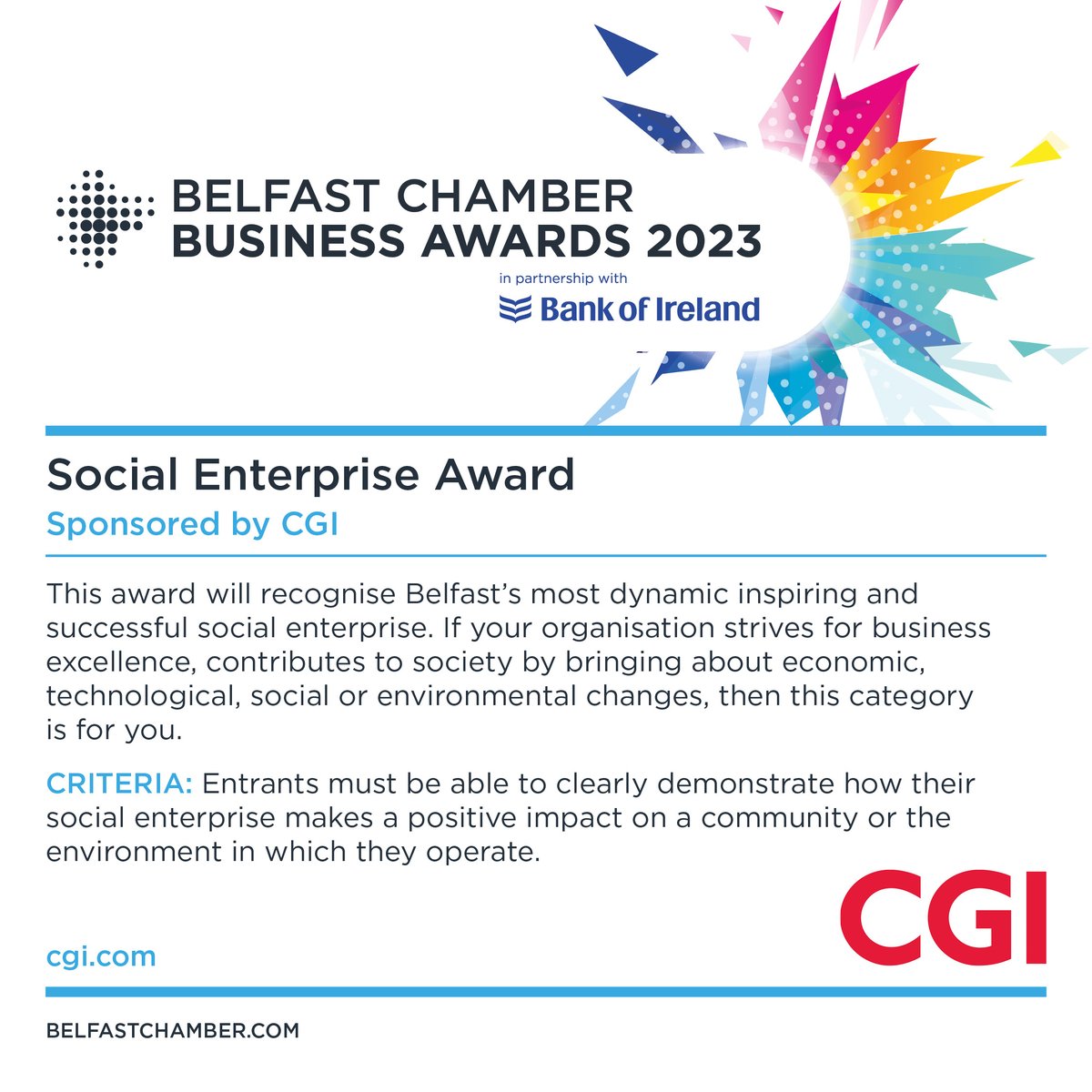 REMINDER: The #BelfastChamberBusinessAwards close this week for entries! 

Enter the Social Enterprise Category now and demonstrate how your SE makes a positive impact in the local community/environment. 

To apply, visit belfastchamber.com/categories/ 

Deadline: Friday 8th September