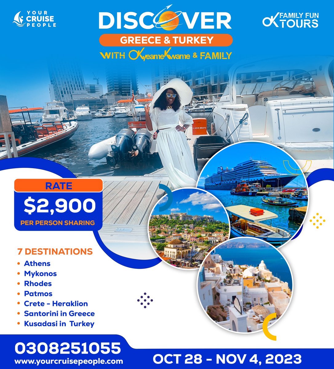 CruisePeopleGH's tweet photo. Cruise with us on the All-Inclusive 8-day Aegean package from Oct 28 to Nov 4, 2023.

This package includes a cabin accommodation with Breakfast, Lunch, Excursions, Entertainment, Athens city tour , Flights, Transfers, Travel Insurance &amp; Visa fees / Support.

Call 0308 251055 https://t.co/GuEg0vn37w