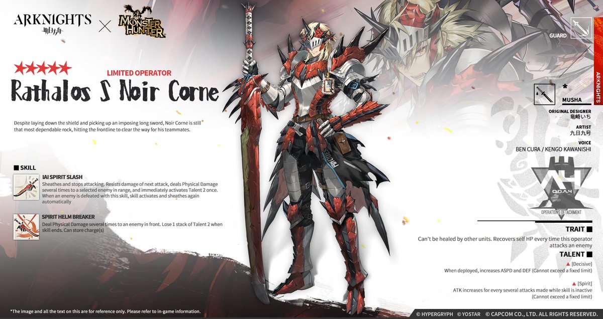 ArknightsEN's tweet photo. Noir Corne has returned from Higashi following mission completion, clad in all-new equipment forged by the Felynes.

#Arknights #Yostar #MonsterHunter https://t.co/tdK1HsJcyv