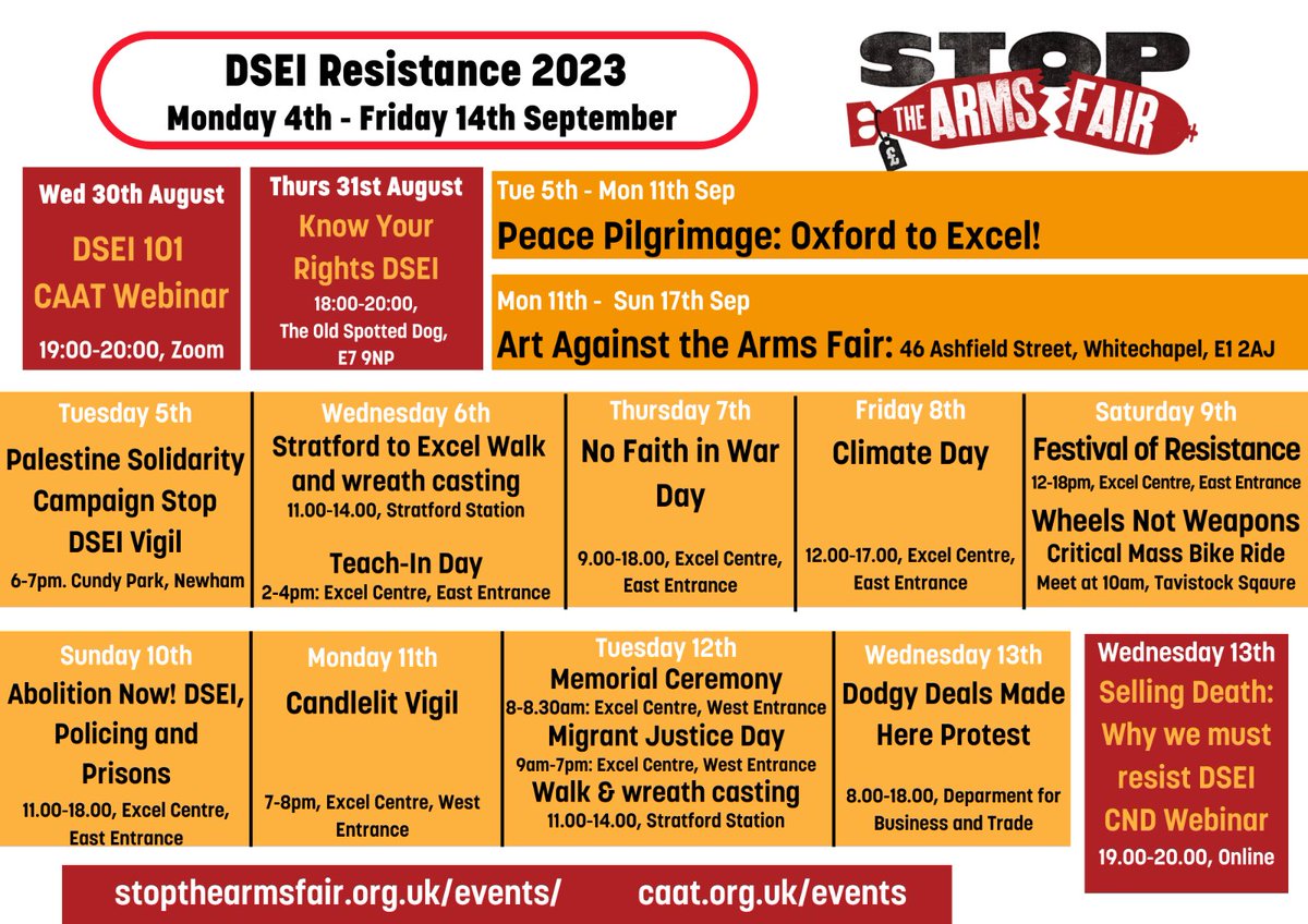 The worlds largest arms fair, @DSEI_event, is coming back to London next week. Resistance to it is starting today! #stopthearmsfair #abolisharmstrade #solidarity