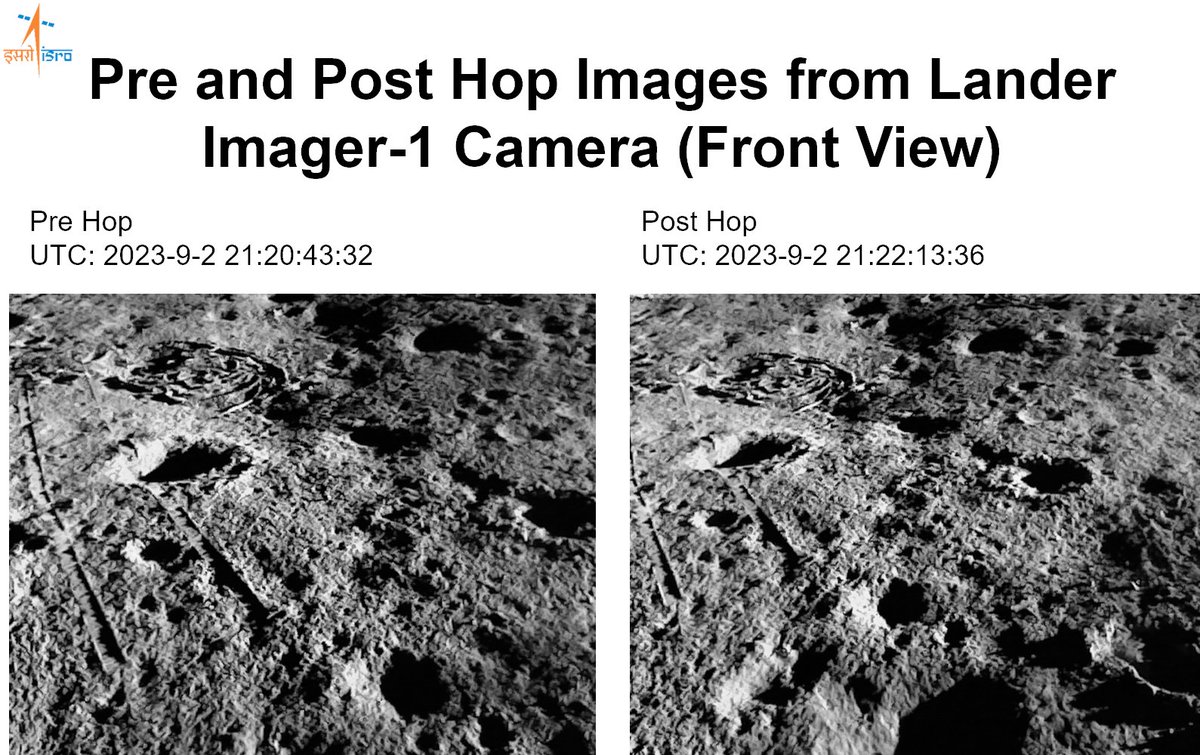 ISROinsight's tweet photo. Chandrayaan-3 Mission:

Pre and post hop images, this will always be remembered. Today both Vikram and Pragyan rover are asleep and hoping for their awakening on 22nd September.

#Chandrayaan3 #cy_3 https://t.co/FfOeEpXFvv